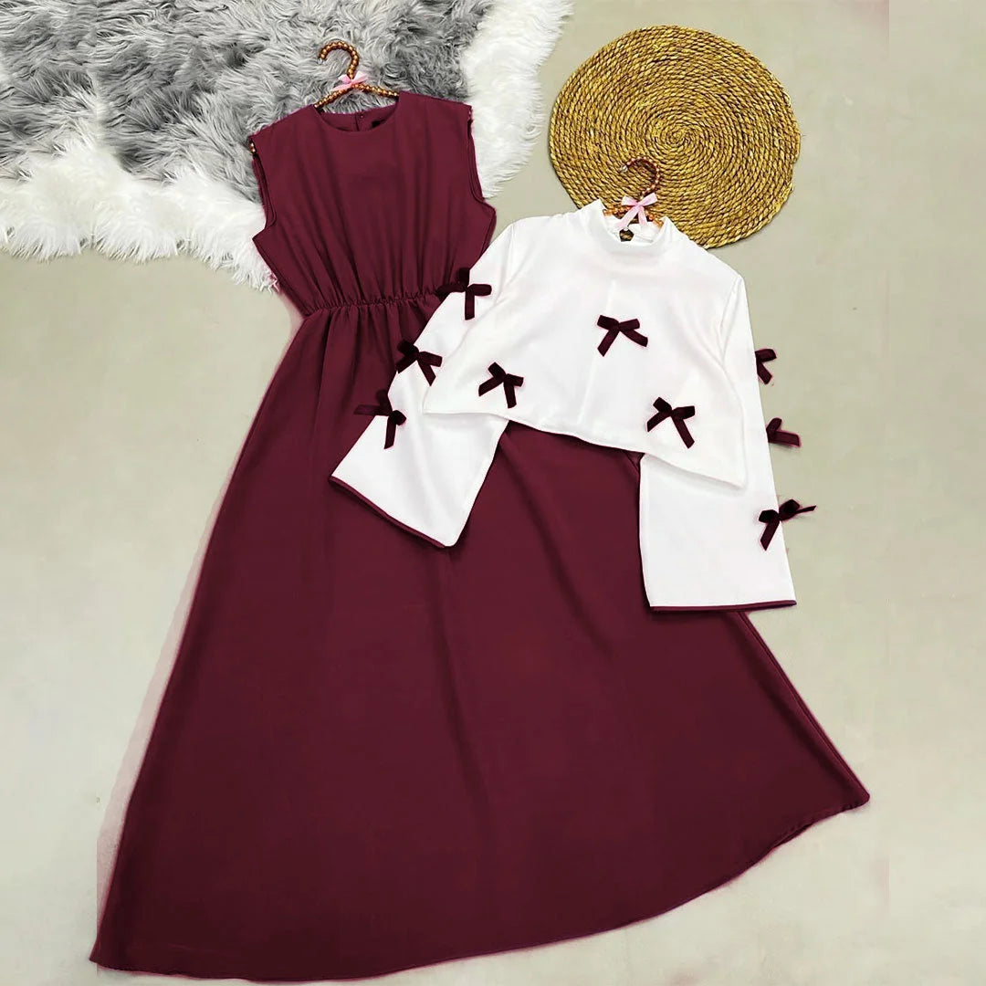 Classic Wine Maxi Dress with Ribbon Shrug
