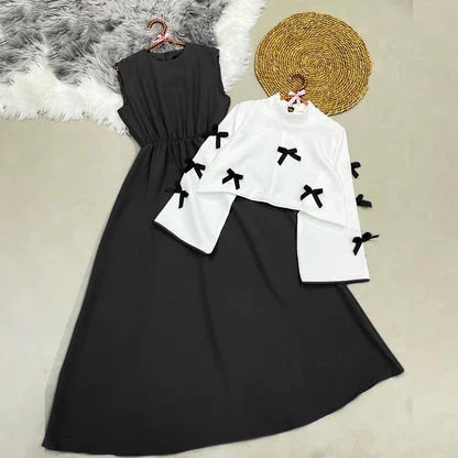 Classic Wine Maxi Dress with Ribbon Shrug