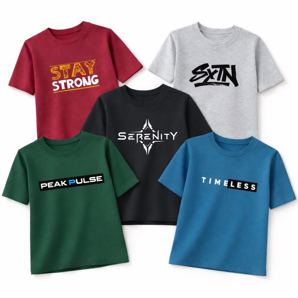 Kids Tees (Pack Of 5) Stay Strong, Peak Pulse, Serenity